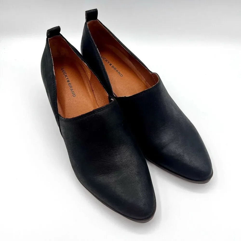 Lucky Brand Morriah Leather Slip-ons Hybrid Bootie Block Heel Black Sz 8.5 NWOB